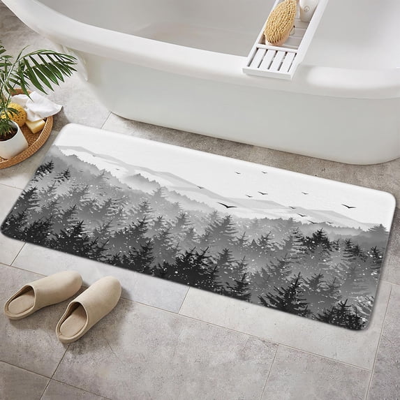 Grey Forest Mountain Bathroom Rug, Green Misty Forest Tree Non Slip Soft Bath Mat, Nature Scenery Landscape Bath Rugs for Bathroom Living Room Bedroom Kitchen Indoor for Home Decor,17X48IN