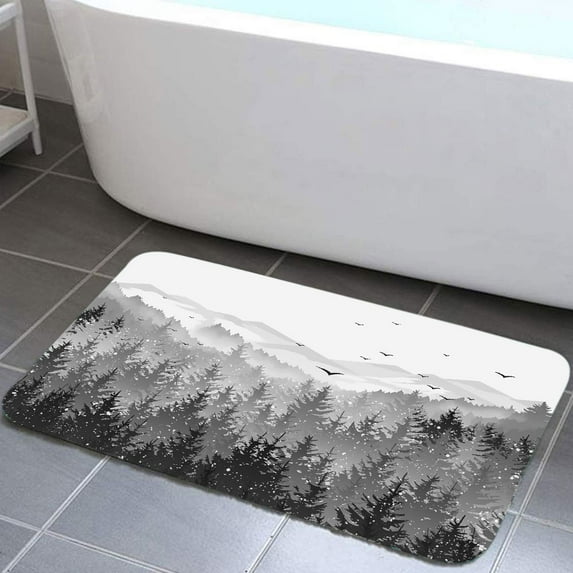 Grey Forest Mountain Bathroom Rug, Green Misty Forest Tree Non Slip Soft Bath Mat, Nature Scenery Landscape Bath Rugs for Bathroom Living Room Bedroom Kitchen Indoor for Home Decor 17X29in