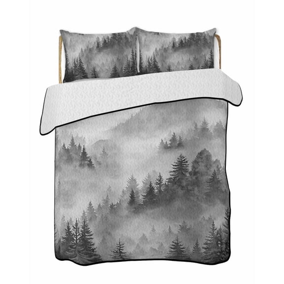 Grey Forest Mountain Quilts Bedding Set Full Size Retro Watercolor Gradual Foggy Pine Tree Lightweight Quilted Bedspread 3 Piece Bed Quilt with 2 Pillow Shams All Season for Bedroom 68" x 98"