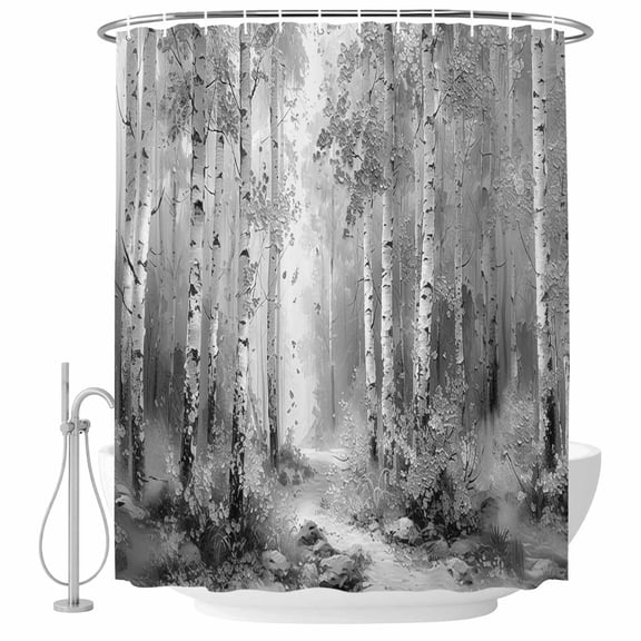 Grey Forest Plant Fabric Shower Curtain Tree Illustration Washable Shower Curtains for Bathroom, Waterproof Bath Curtain with Hooks Home Decor 36x72in