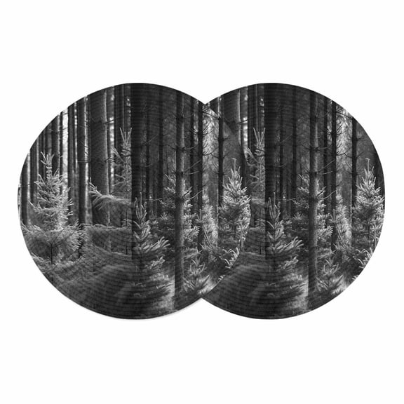 Grey Forest Round 13 Inch Placemats Set of 2, Mysterious Primitive Forest Pine Tree HeatResistant Non Slip Place Mats for Dining Table, Wipeable Braided Kitchen Table Mats for Housewarming