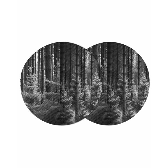 Grey Forest Round Placemats Set of 2 for Dinning Tables,Heat-proof Braided Table Mats 13 Inch,Mysterious Primitive Forest Pine Tree Washable Place Mat for Kitchen Restaurant Party Decor Table Setting