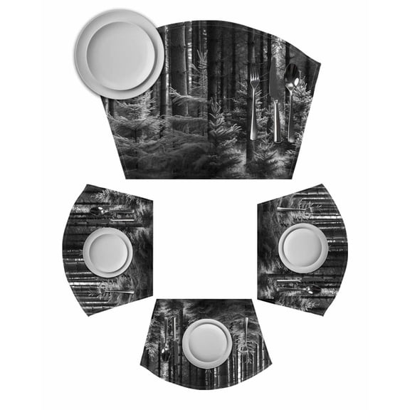 Grey Forest Round Placemats Set of 2, Mysterious Primitive Forest Pine Tree Placemats for Round Dining Table Shape Wedge Placemats for Outdoor Indoor Wipeable Clean Table Place Mats