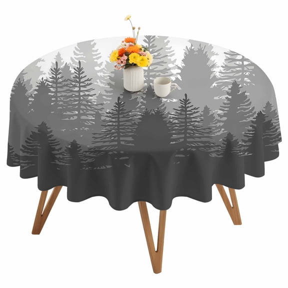 Grey Forest Round Tablecloth 54 inches Nature Woodland Tree Misty Forest Silhouette Landscape Waterproof Oil-Proof Table Cloth Round Table Cover for Holiday Party Picnic Dinner Decor