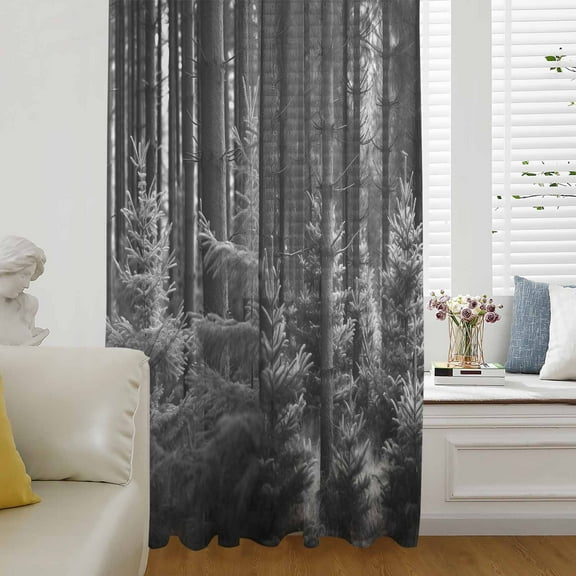 Grey Forest Semi Sheer Curtains Drapes for Living Room, Bedroom, French Doors Window 63 Inches Long, Mysterious Primitive Forest Pine Tree Rod Pocket Chiffon Curtain Drapery Voile Draperies Panel