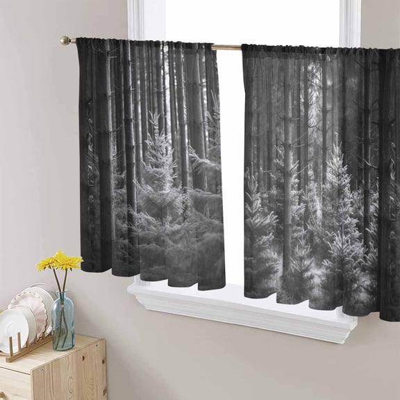 Grey Forest Sheer Curtains 54 Inches Length 2 Panels Set, Window Sheer Curtains for Living Room/Bedroom, Mysterious Primitive Forest Pine Tree Light Filtering Rod Pocket Curtain 52'' x 54'' x 2