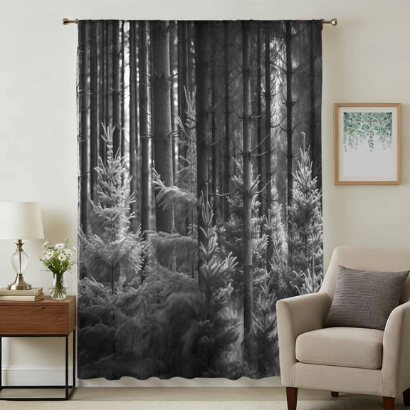 Grey Forest Sheer Curtains 72 Inches Long, Mysterious Primitive Forest Pine Tree Light Filering Curtains, Breathable Simi Curtain Privacy Drapes for Living Room Bedroom Lightweight Window Treatment
