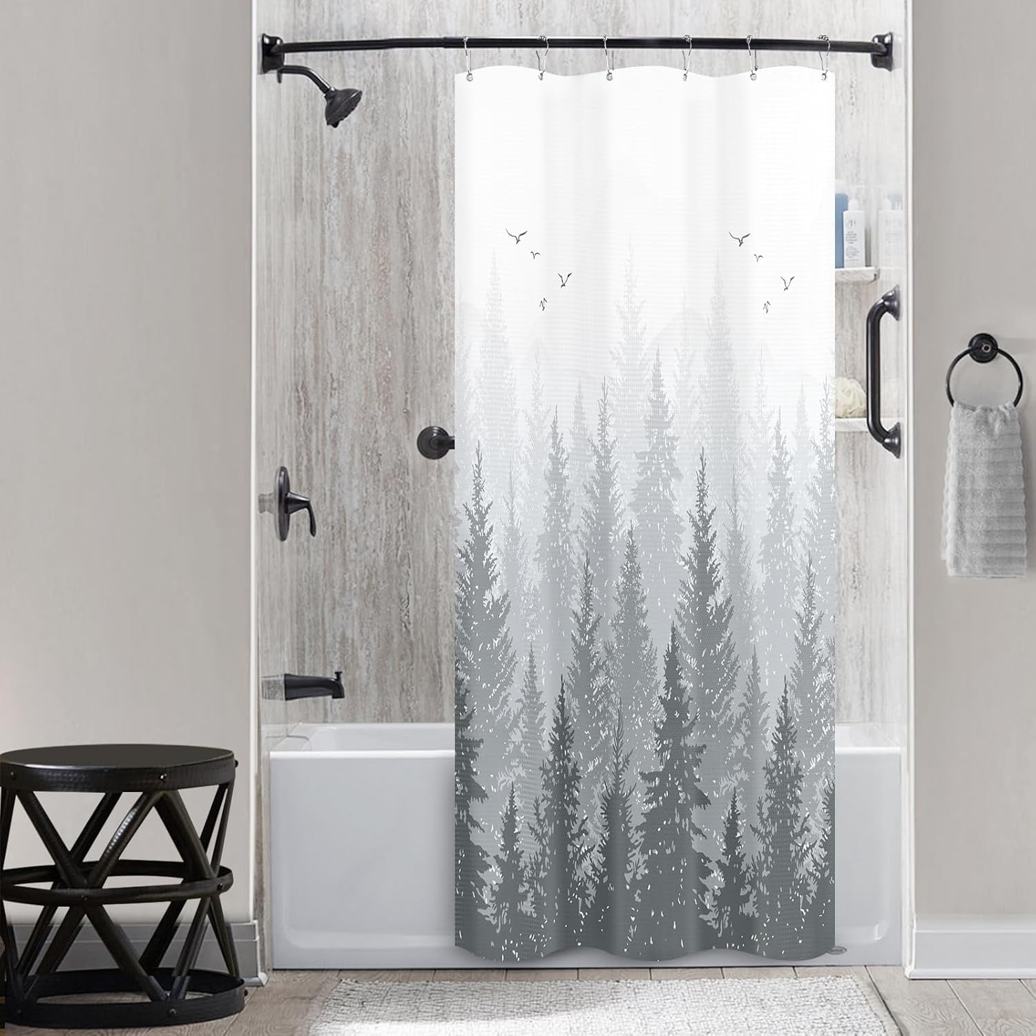 Grey Forest Shower Curtain 36x72 inches Misty Mountain Shower Curtain Gray Fog Magic Tree Woodland Pattern Shower Curtains for Bathroom Water Repellent Stall Half Size Shower Curtain