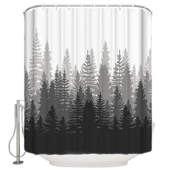 Grey Forest Shower Curtain, 66" x 72", Nature Woodland Tree Misty Forest Silhouette Landscape Waterproof Bathroom Curtain Washable Shower Curtain Set with 12 Hooks