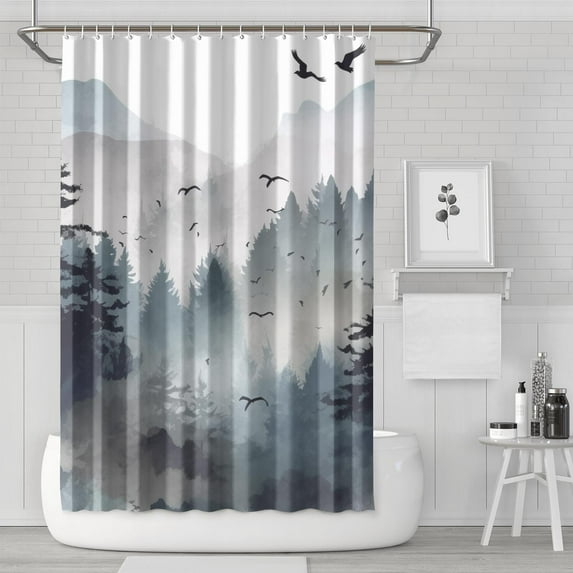 Grey Forest Shower Curtain Misty Mountain Tree Shower Curtains for Bathroom All Seasons Country Bathroom Shower Curtain Sets Waterproof Fabric Decor 72×72in with 12 Hooks