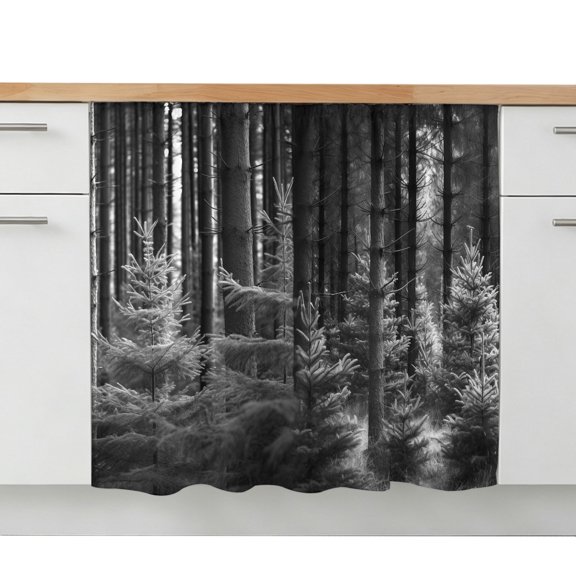 Grey Forest Sink Skirt 10"W x 11"L,Dustproof Under Sink Curtain Skirt for Bathroom Kitchen,Mysterious Primitive Forest Pine Tree Adhesive Short Vanity Curtains Cover for Laundry Room Closet Shoe Rack