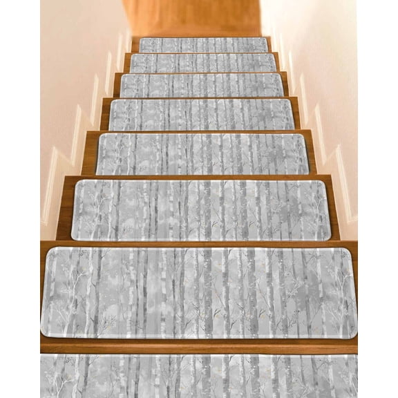 Grey Forest Stair Treads for Wooden Steps Indoor Runner Rug Carpet,Gray Tree Oil Painting Contemporary Abstract Art 4 Pieces Peel and Stick Staircase Step Treads Covers Throw Door Mats,30"x8"
