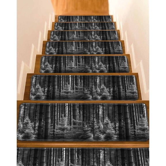 Grey Forest Stair Treads for Wooden Steps Indoor Runner Rug Carpet, Mysterious Primitive Forest Pine Tree 15 Pieces Peel and Stick Staircase Step Treads Covers Washable Throw Door Mats, 30"x8"