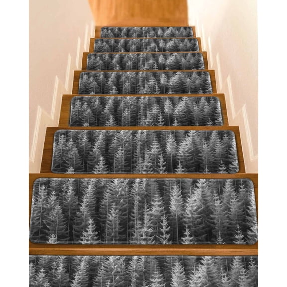 Grey Forest Stair Treads for Wooden Steps Indoor Runner Rug Carpet, Pine Tree Summer Botanical Modern Art 15 Pieces Peel and Stick Staircase Step Treads Covers Washable Throw Door Mats, 30"x8"