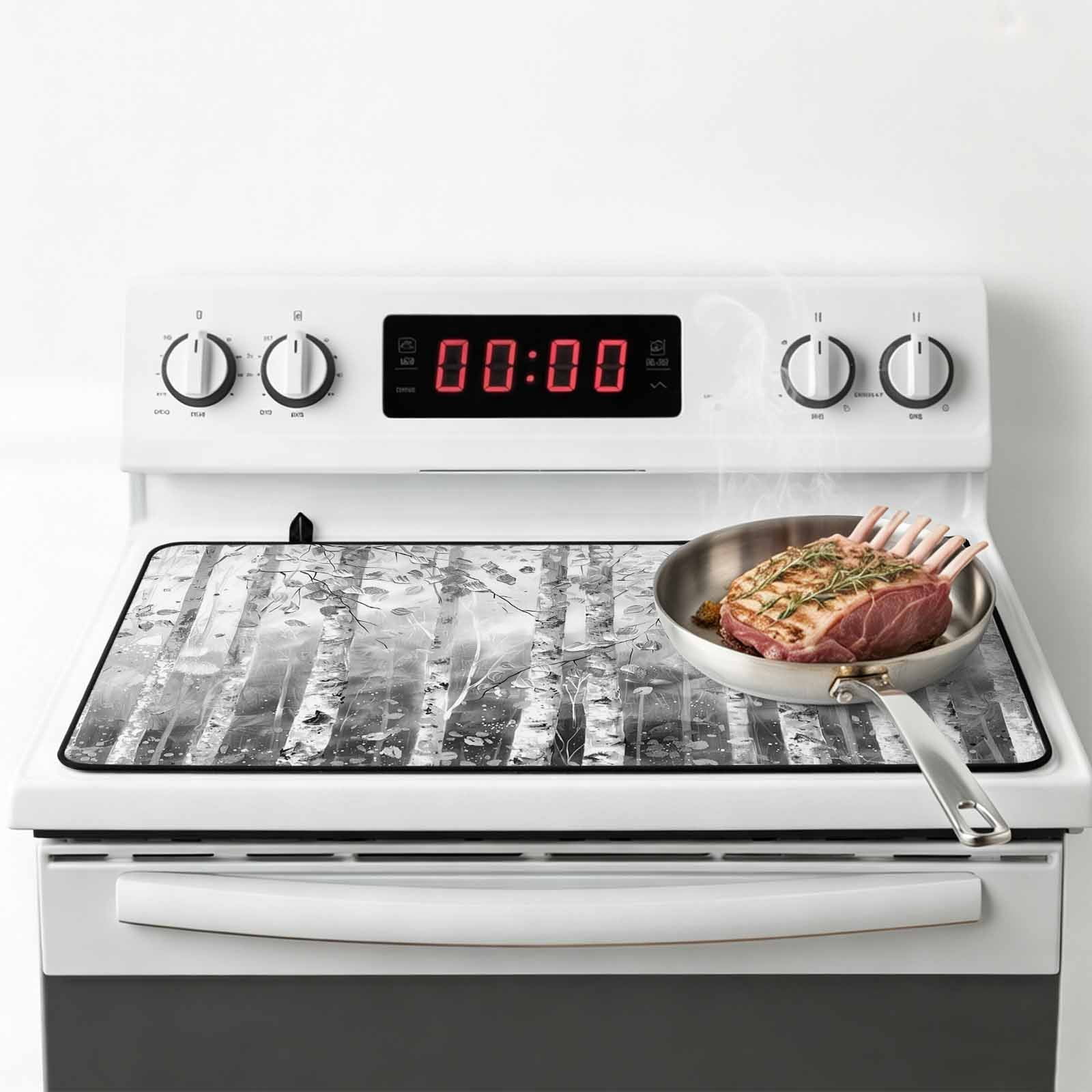 Grey Forest Stove Top Cover for Electric Stove, Heat-proof & Non Slip Glass Top Stove Cover Protector, Modern Oil Painting Art Kitchen Flat Cooktop Rubber Mat 24x21 Inches