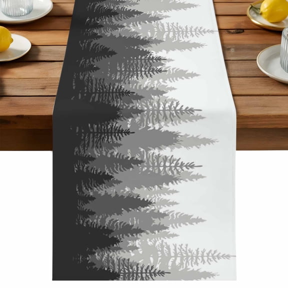 Grey Forest Table Runner, Nature Woodland Tree Misty Forest Silhouette Landscape Cotton Linen Table Cloth, Tablerunner for Kitchen Dining Party Wedding Home Decor 13x108 Inch