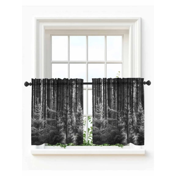 Grey Forest Tier Curtains 24 Inch Length,Sheer Curtains for Bedroom Living Room Window Mysterious Primitive Forest Pine Tree Rod Pocket Drapes Kitchen Curtains Small Half Window 27.5"x24" 2 Panels