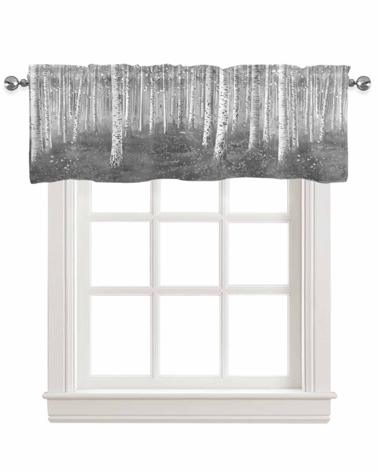 Grey Forest Tree Linen Curtain Valance for Bedroom/Bathroom/Kitchen/Living/Dining Room Window,Farmhouse Country Nature Scenic Painting Pocket Topper Drapes Decorative Cafe Drapery Panel 60"x18"