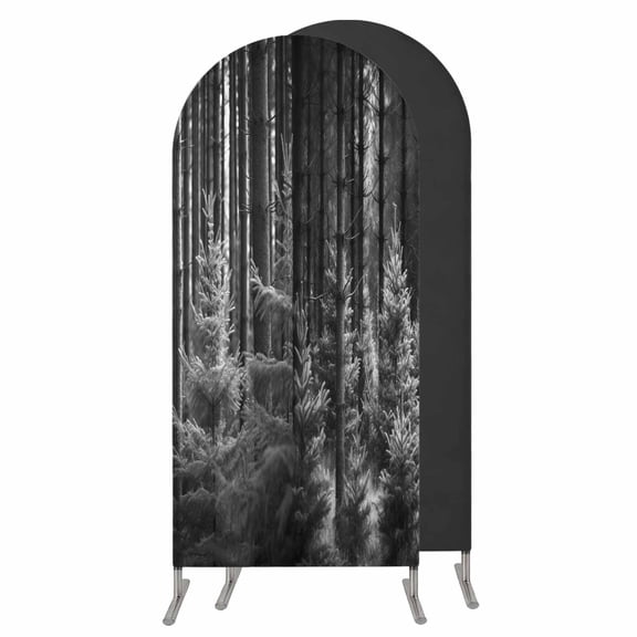 Grey Forest Wedding Arch Cover, Stretchy Spandex Arch Backdrop Stand Covers 6 FT, Mysterious Primitive Forest Pine Tree Round Top Arched Backdrop Cover for Birthday Party Ceremony Baby Shower Event