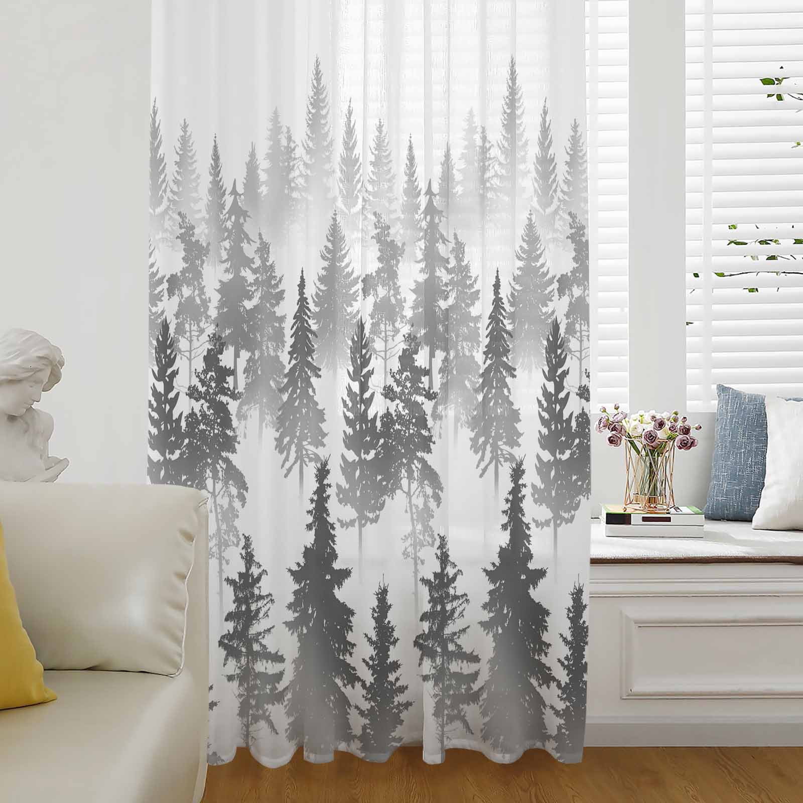 Grey Forest Window Curtain 96 Inches Long,Fall Foggy Pine Trees