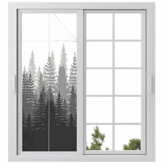 Grey Forest Window Privacy Film Nature Woodland Tree Misty Forest Silhouette Landscape Glass Window Film UV Blocking Static Cling Non-Adhesive Sticker Covering for Home Door 23.6 x 59 inches