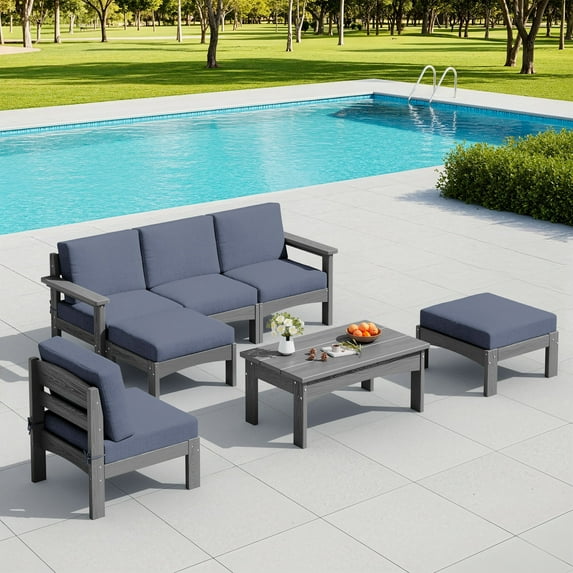 SERWALL 7-Piece HDPE Outdoor Patio Furniture Set, Modular Conversation Sofa, Weather-Resistant Patio Sofa, Deck, Backyard & Poolside, Grey Frame with Grey Cushions