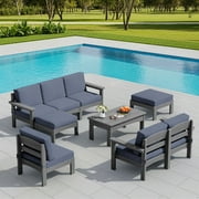 SERWALL 9-Piece HDPE Outdoor Sectional Sofa Set, Modular Conversation Furniture, Weather-Resistant Patio Sofa, Deck, Backyard &amp; Poolside, Grey Frame with Grey Cushions