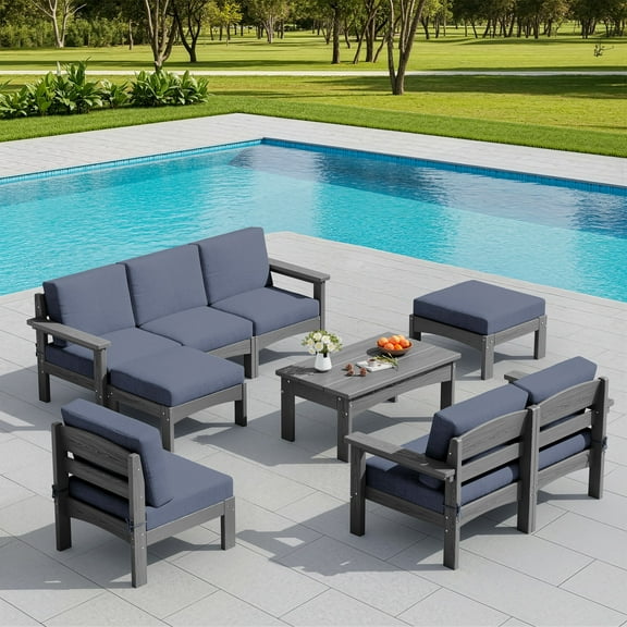 SERWALL 9-Piece HDPE Outdoor Sectional Sofa Set, Modular Conversation Furniture, Weather-Resistant Patio Sofa, Deck, Backyard & Poolside, Grey Frame with Grey Cushions