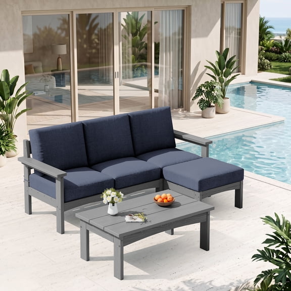 SERWALL 5-Piece HDPE Outdoor Patio Sofa Set, Modular Sectional Conversation Furniture, Weather-Resistant Patio Sofa, Deck, Backyard & Poolside, Grey Frame with Grey Cushionss