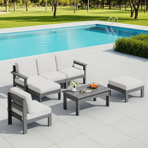 SERWALL 7-Piece HDPE Outdoor Patio Furniture Set, Modular Conversation Sofa, Weather-Resistant Patio Sofa, Deck, Backyard & Poolside, Grey Frame with Khaki Cushions