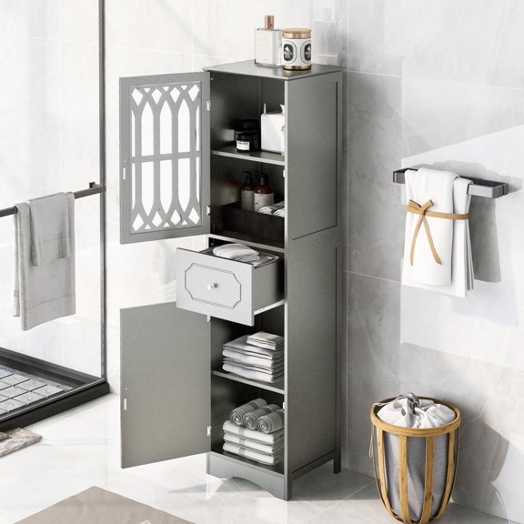 Grey Freestanding Bathroom Cabinetry - Board With Drawer, Doors, And Adjustable Shelf Chest Cabinet Doors