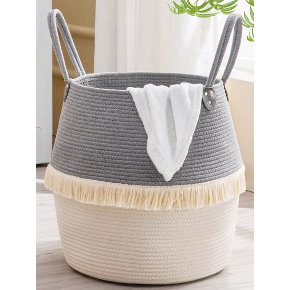 Grey Fringe Cotton Rope Storage Basket, Large 17"x17", Multi-Use Organizer