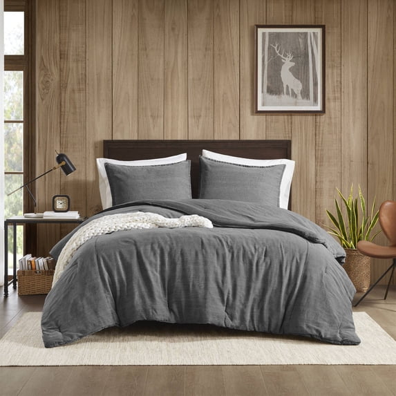 Grey Full/Queen Twill Comforter Set 3-Piece, 100% Cotton Washed Bedding with Stone-Washed Finish