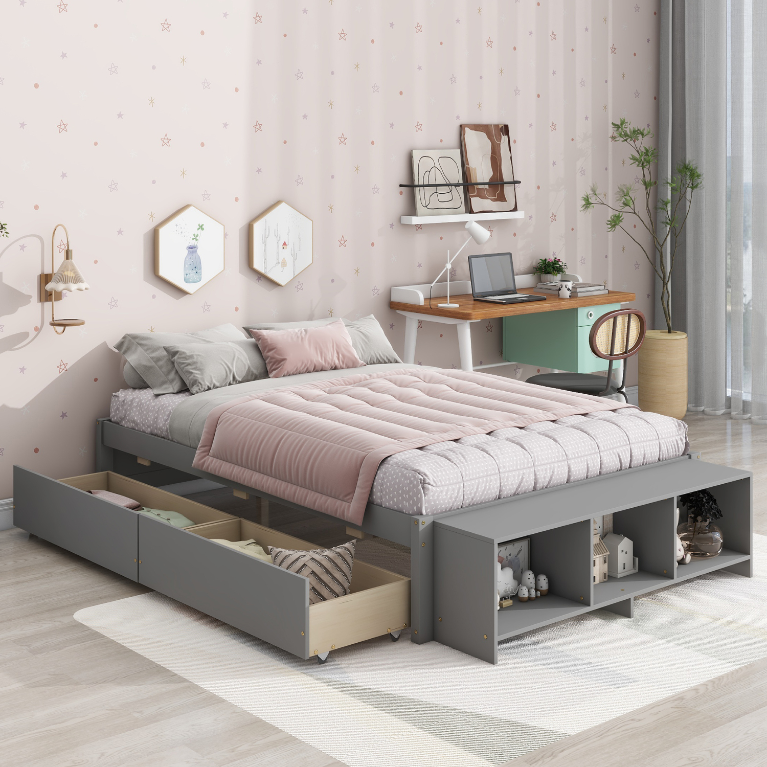Grey FullSize Pine Wood Bed with Practical Storage Sleek Design, 2