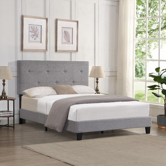 Full Size Wood Platform Bed Frame with Modern Button Tufted Linen Fabric Headboard, Grey, No Box Spring Needed, Easy Assembly