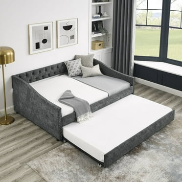 Grey Full Size Upholstered Daybed with Twin Trundle, Tufted Sofa Bed with Waved Arms and Copper Nailhead Trim, Polyester Fabric, 80.5"x55.5"x27.5"
