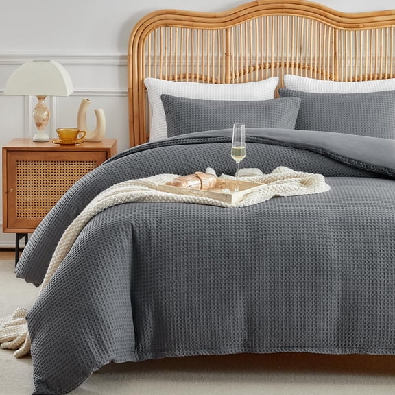 Grey Full Waffle Weave Microfiber Bedding Duvet Cover Set