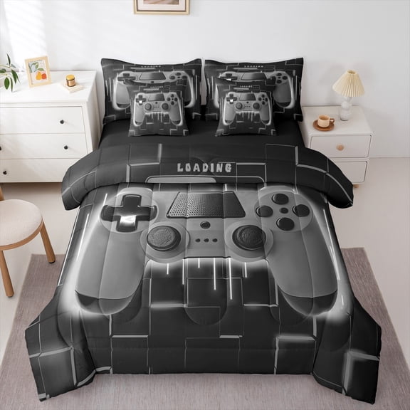 Grey Gaming 7 Piece Comforter Set Full Bed in a Bag,Gamer Bedding Sets Neon Lights Abstract Geometry Sheet Set with Comforter Gamer Room Decor for Boys