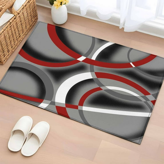 Grey Geometric Bathroom Rug Washable 2x3 Entryway Rug Non Slip Modern Abstract Black White Red Striped Front Door Mat Low Pile Indoor Doormat Throw Floor Carpet for Kitchen Bedroom Entrance