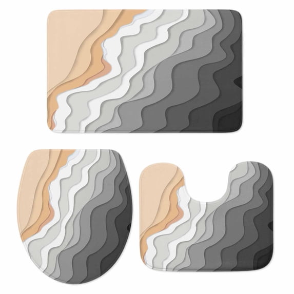 Grey Geometric Beach Bath Mat 3 Piece Bathroom Rug Set, Ombre Waves Moire Abstract Art Non Slip Bath Rug Contour Mat and Toilet Lid Cover, Absorbent Shower Mats Soft Bath Rugs and Mats Sets