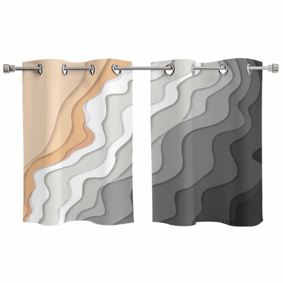 Grey Geometric Beach Kitchen Curtains Small Short 39 Inch Length, Ombre Waves Moire Abstract Art Grommet Top Bedroom Living Room Curtains, Light Filtering Cafe Curtain Drapes 2 Panels Set 55''x39''
