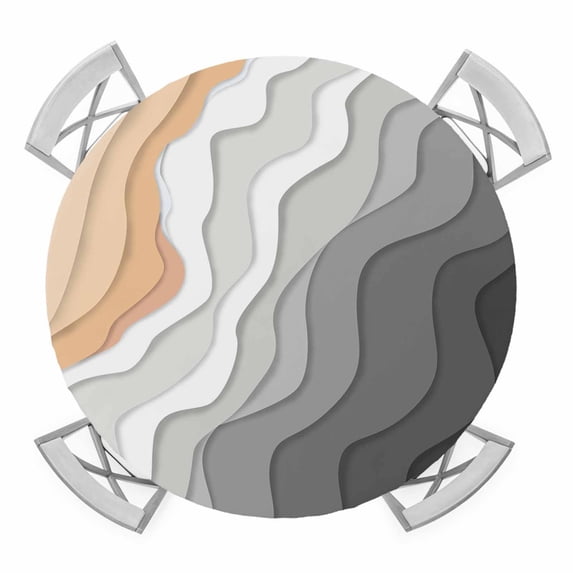 Grey Geometric Beach Round Tablecloth for 36-44 Inch Tables,Fitted Table Cover with Elastic Edge,Ombre Waves Moire Abstract Art Waterproof Outdoor Table Cloth Protector for Patio Garden Dinner Picnic