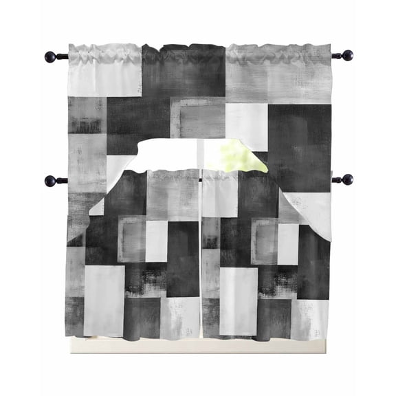 Grey Geometric Kitchen Curtains Sets 36 Inch Length with Valance, Vintage Oil Painting Contemporary Swag Valances and Tiers Curtain Set Drapes Swag Curtains for Living Room, Bathroom, Bedroom, Cafe