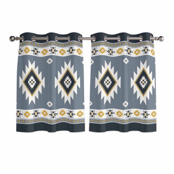 Grey Geometric Kitchen Curtains Short 45 Inch Length, Boho Aztec Southwest Abstract Plaid Grommet Top Bedroom Living Room Curtains, Light Filtering Cafe Curtain Drapes 2 Panels Set 84''x45''