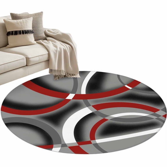 Grey Geometric Large Area Rugs for Bedroom Living Room, Soft Non Slip Carpet Bedside Rug, Modern Abstract Black White Red Striped Round Floor Cover Kitchen Accent Rug 4' for Dining Room/Office
