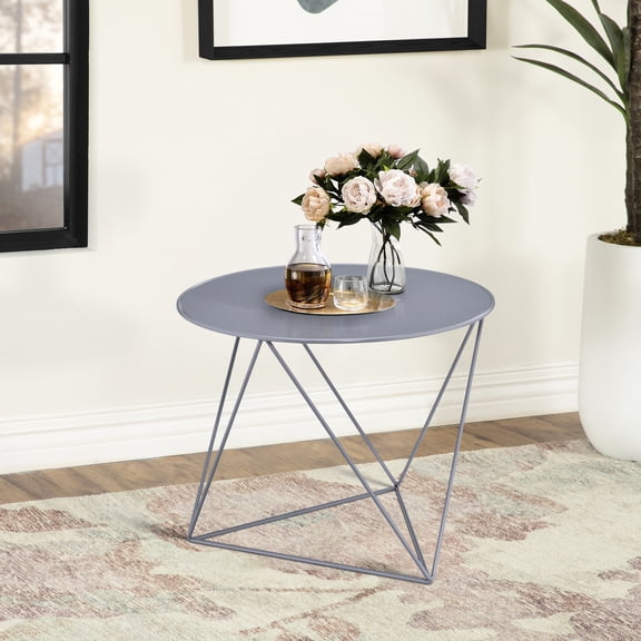 Grey Geometric Metal Accent Table With Support For Various Items Modern Base Round Construction Homes