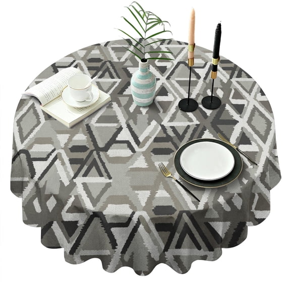 Grey Geometric Modern Round Table Cloth,Wrinkle Resistant Table Cover with Polyester,Waterproof Reusable Tableclothes for Weeding Birthday Tea Party Decorations (Round,60x60inch)