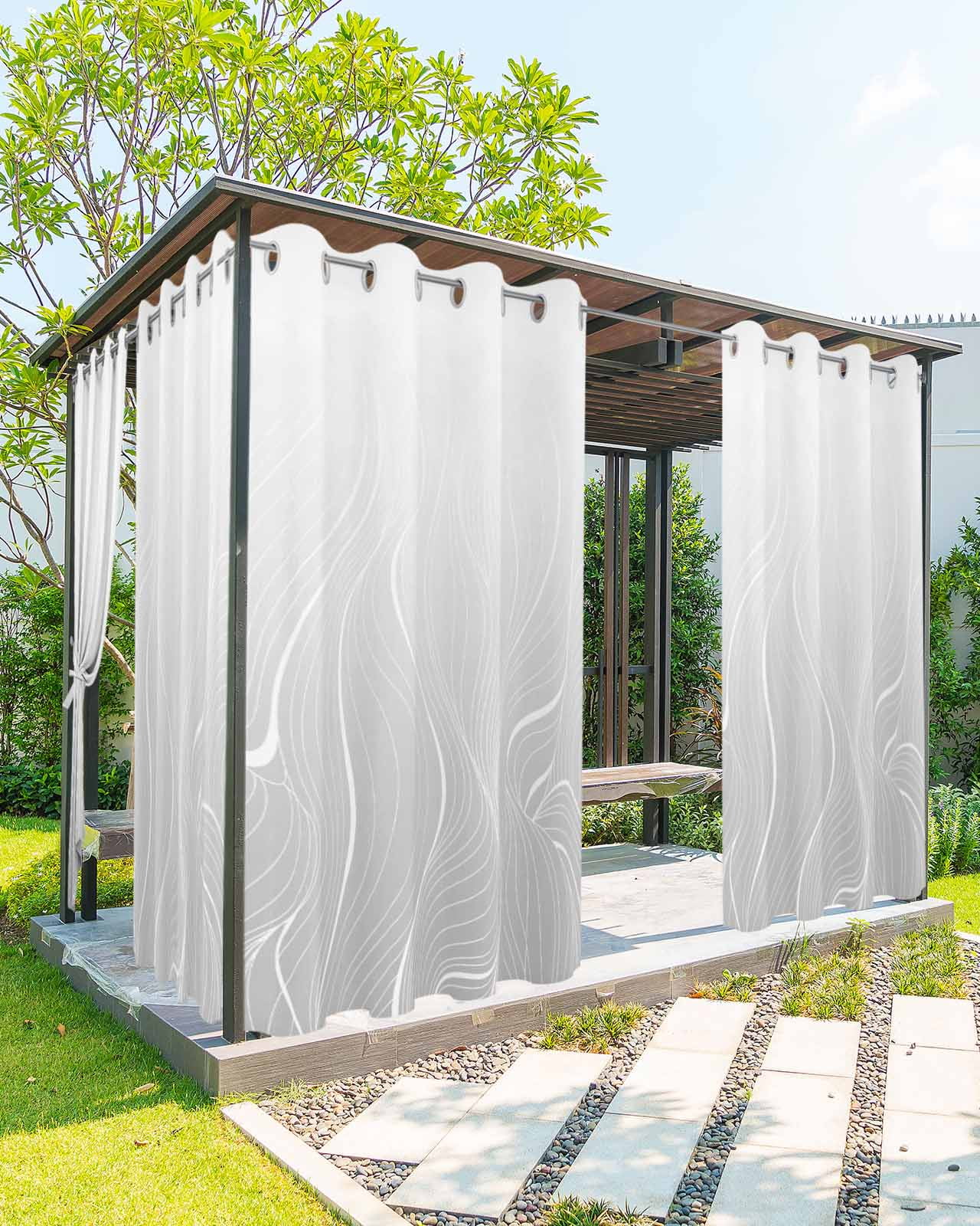 Grey Geometric Outdoor Curtains for Patio, Modern White Stripe Abstract Distortion Art Privacy Drapes Grommet Waterproof Outside Curtains for Porch/Cabana/Balcony 54"x 108", 1 Panel