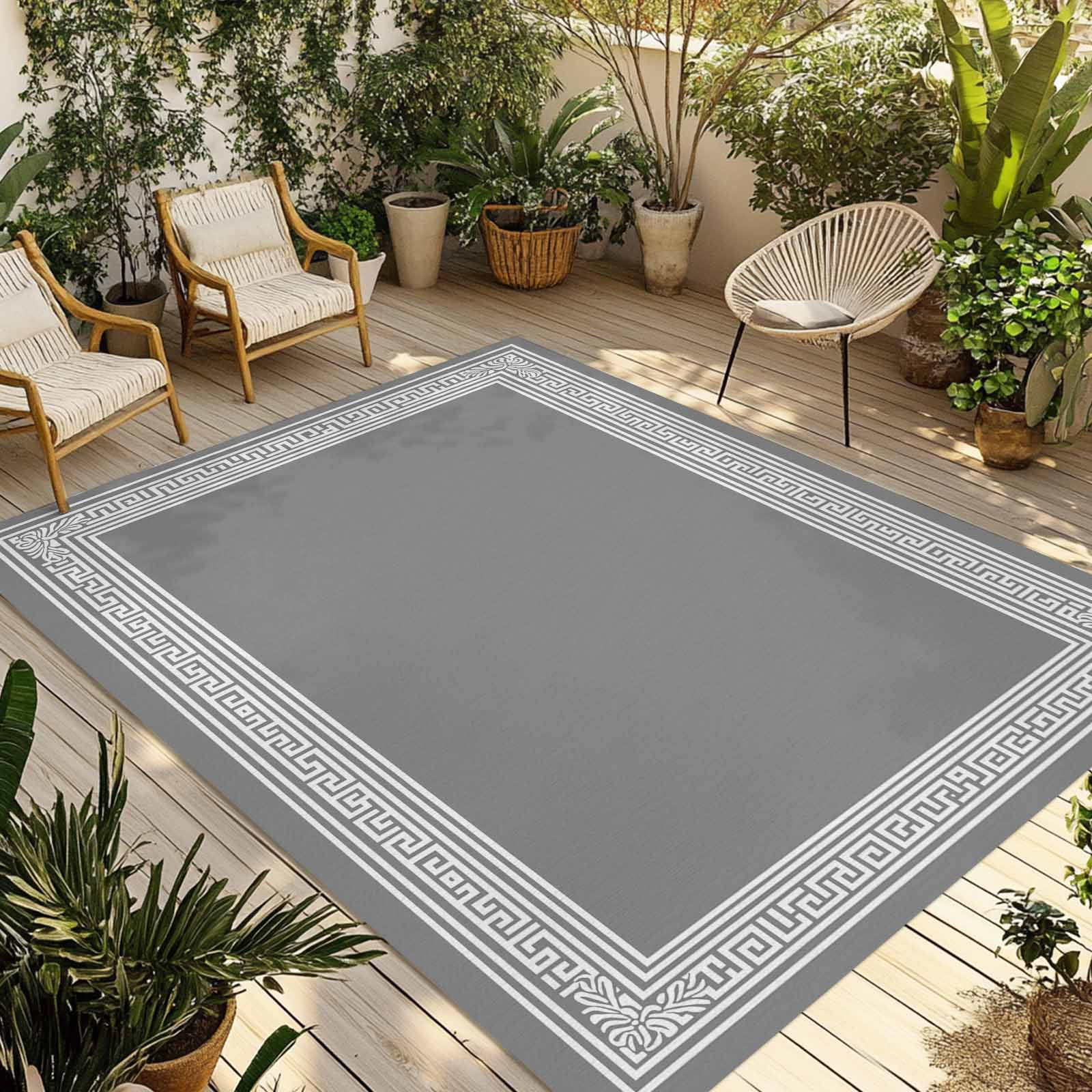 Grey Geometric Outdoor Rug 5x8 Ft - Reversible Patio Rug Outdoor Camping Rugs, Bohemia Tribal Farm Tribal Patterned Washable Indoor Outdoor Area Rugs, Non-Slip Outdoor Carpet Runner for Deck/Porch