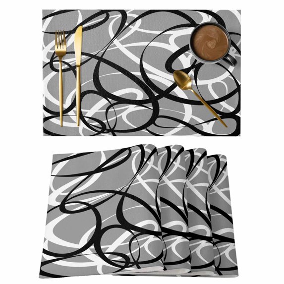 Grey Geometric Placemats Set of 8, Retro Black White Abstract Striped Lines Placemats for Dining Table, Place Mats for Kitchen Tabletop, Waterproof Wipeable Dining Table Mats Set